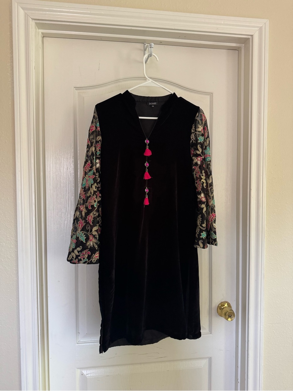 Black Velvet Dress with Embroidered Sleeves and Pink Tassel Detail